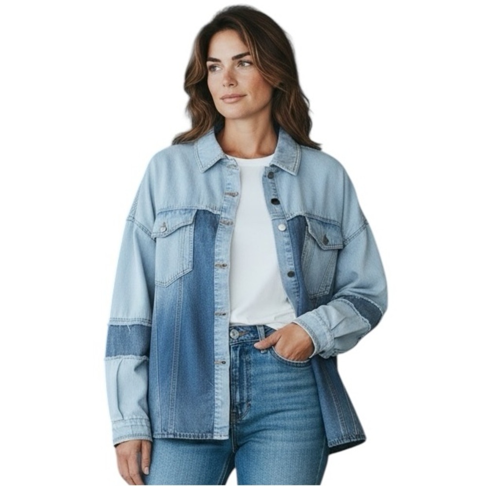 POL Denim Patchwork Cotton Collared Button Up Long Ballon Sleeve Shirt
